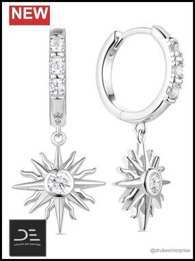 Moissanite Sun Dangle Hoop Earrings, Solid 925 Sterling Silver, Hypoallergenic